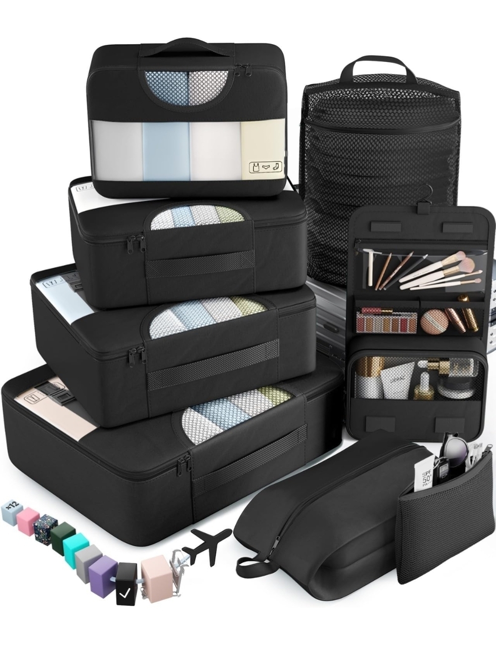 Travel Packing Cubes and Toiletry Bag Set - Black